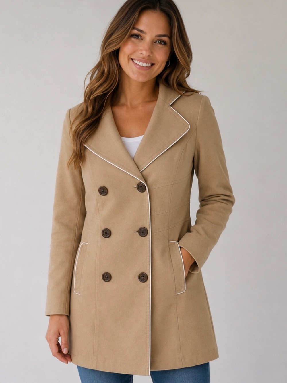 GUESS Women's Tan Double-Breasted Hooded Trench Coat Small, pleated back